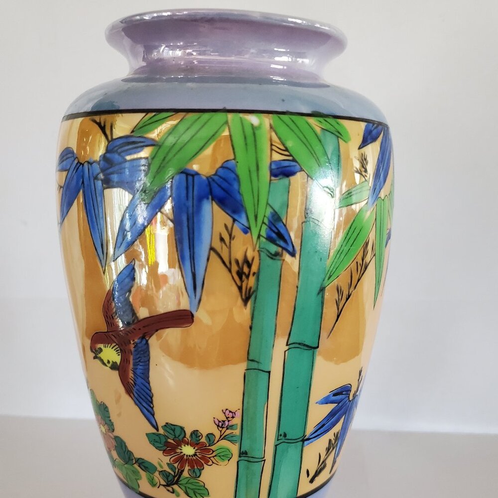 Japanese Lusterware Bird And Bamboo Vase Purple Blue Glaze Is Base Color 9.5"